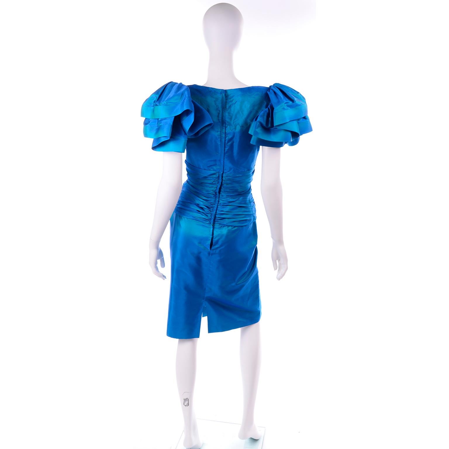 Women's Tadashi 1980s Vintage Iridescent Blue Pleated Evening Dress W Ruffle Sleeves