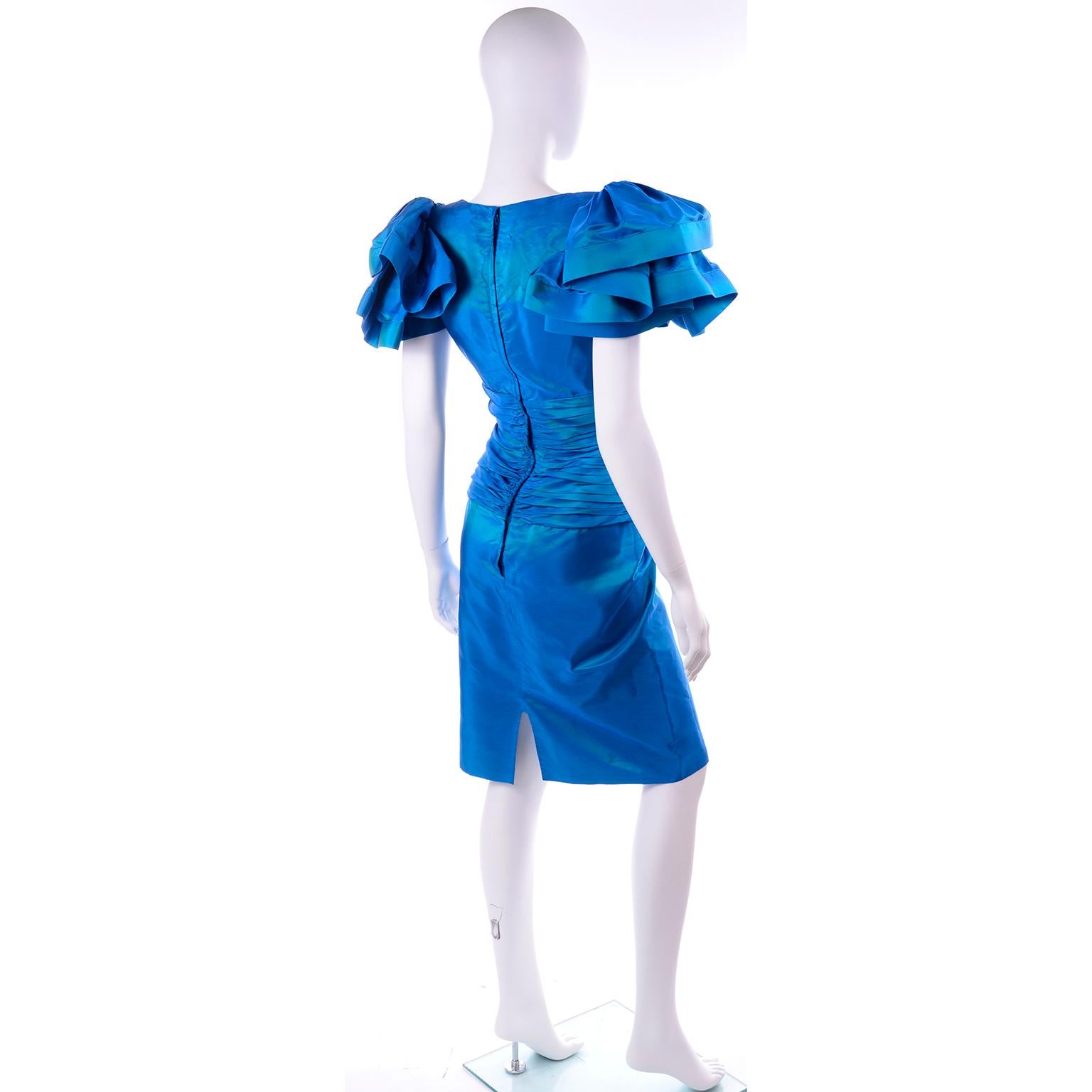 Tadashi 1980s Vintage Iridescent Blue Pleated Evening Dress W Ruffle Sleeves 1