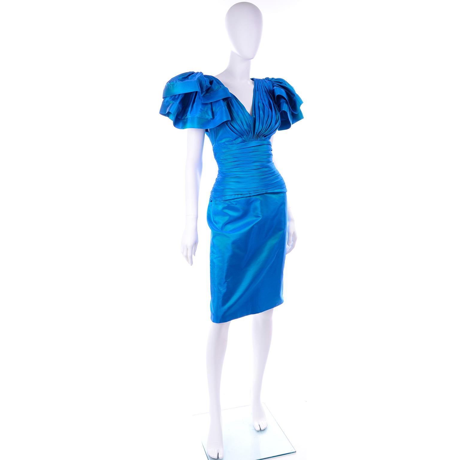 Tadashi 1980s Vintage Iridescent Blue Pleated Evening Dress W Ruffle Sleeves 2