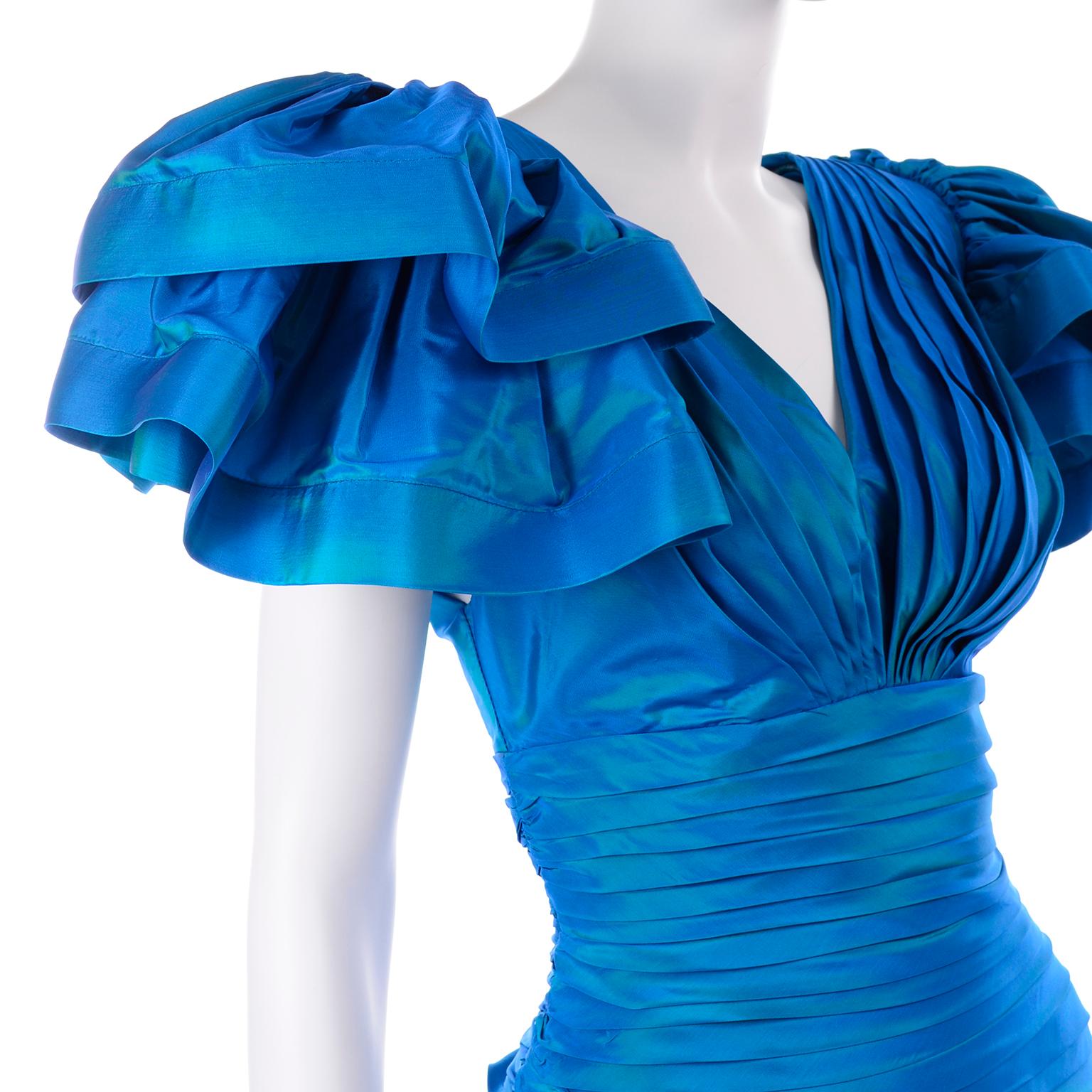 Tadashi 1980s Vintage Iridescent Blue Pleated Evening Dress W Ruffle Sleeves 3