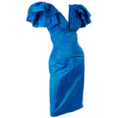 Tadashi 1980s Vintage Iridescent Blue Pleated Evening Dress W Ruffle Sleeves