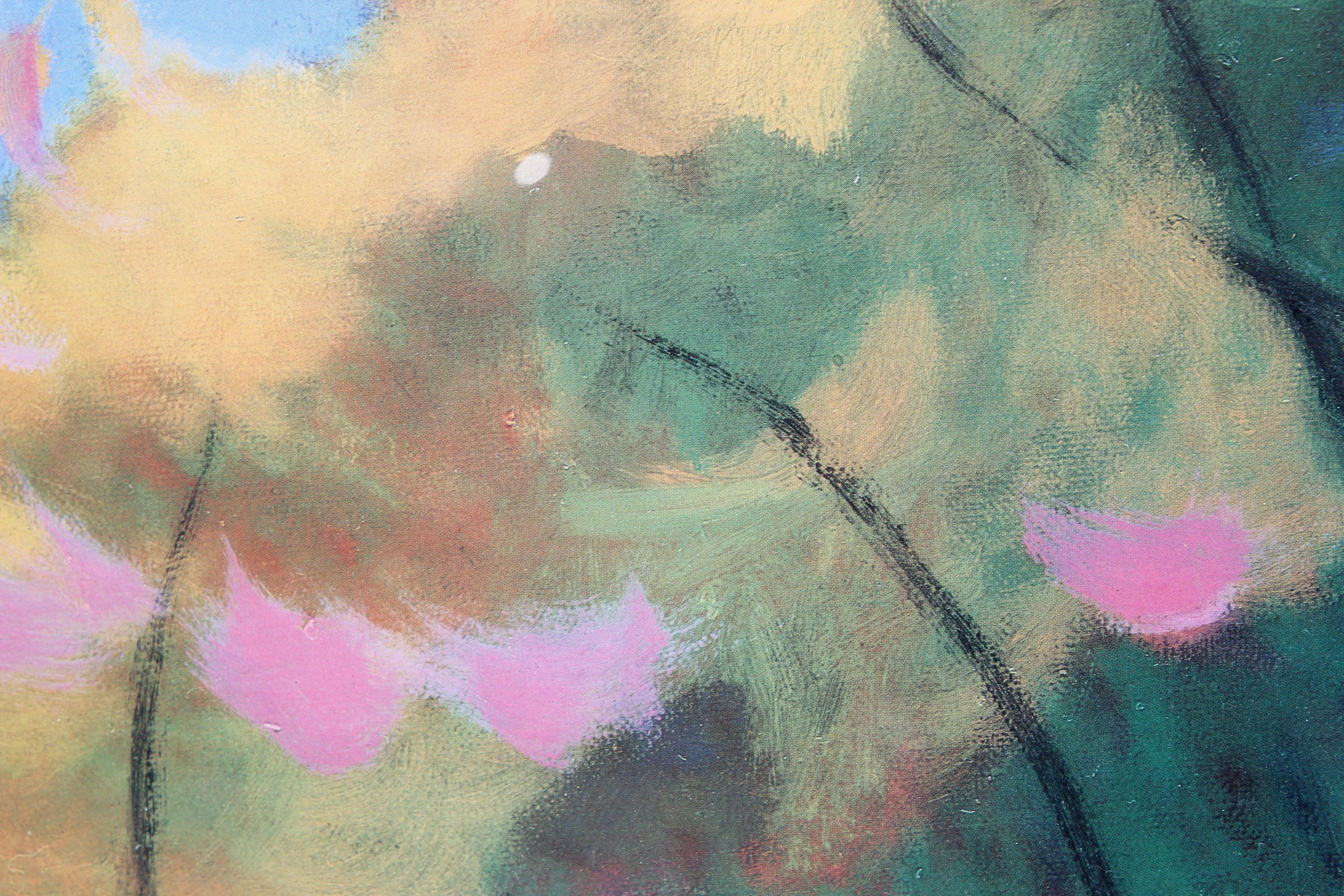 Colorful abstract oil painting of a nature river landscape that incorporates blue, yellow, green, and pink tones. The painting is signed and dated by the artist in the bottom right corner and currently displayed in a gold frame with a white