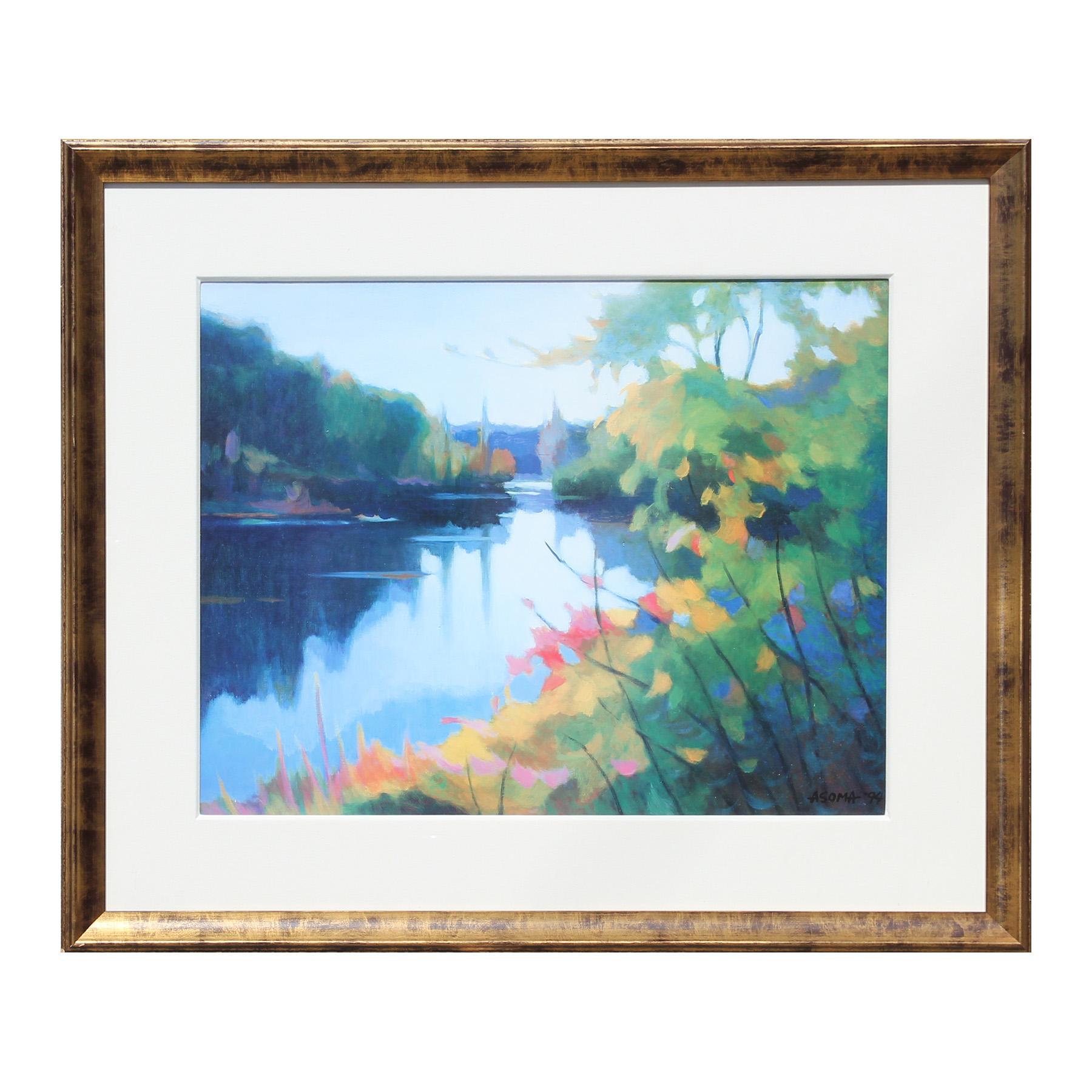 Tadashi Asoma Landscape Painting - "Morning Light" Colorful Abstract River Nature Landscape Oil Painting