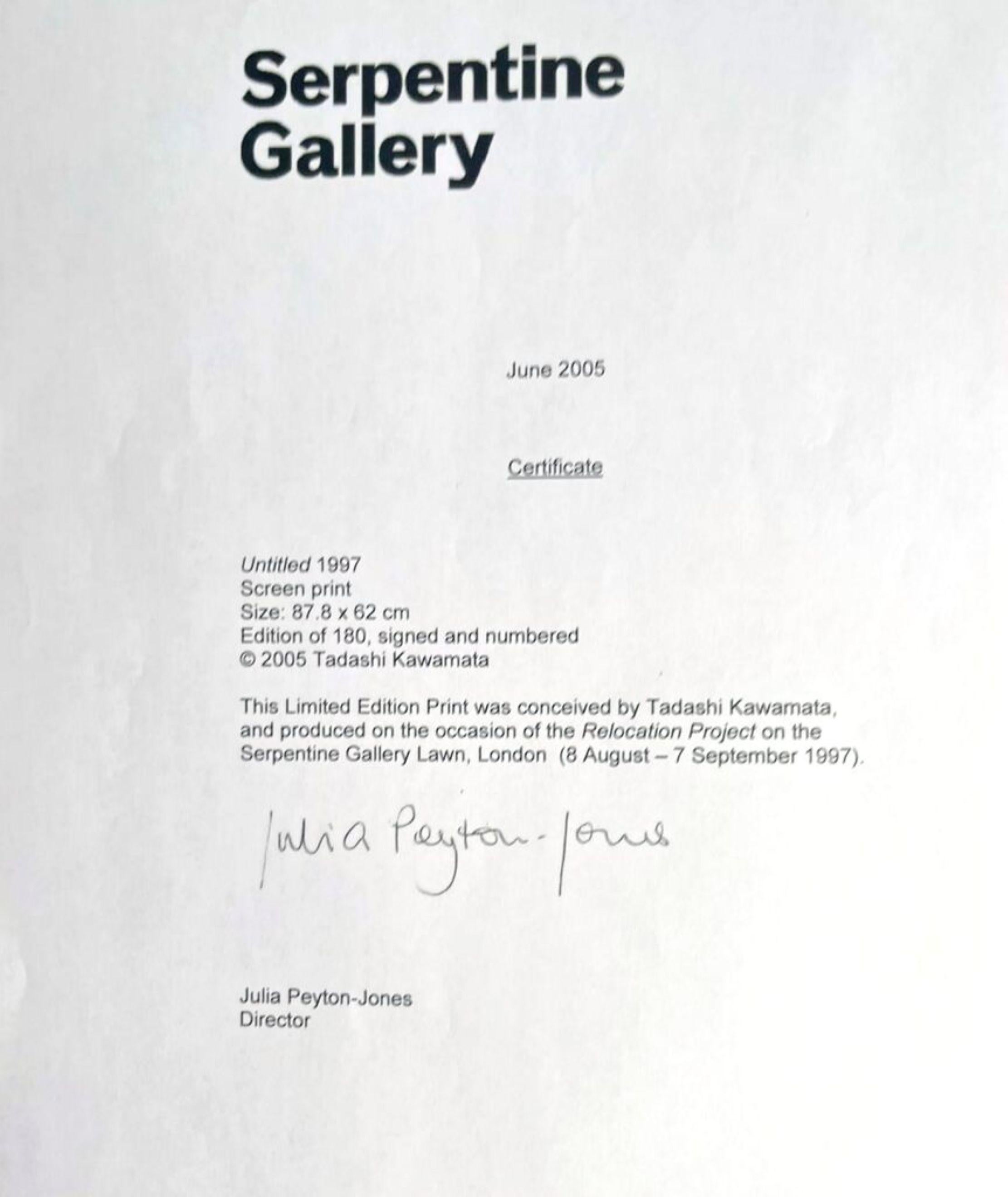 Tadashi Kawamata
Sin título para el Proyecto de Reubicación, Galería Serpentine, Londres, 1997
Serigrafía sobre papel tejido
Firmado a lápiz, fechado en 1997 y numerado 169/180.
34 1/2 × 24 3/4 pulgadas
Sin enmarcar

Firmado a lápiz, fechado en 1997