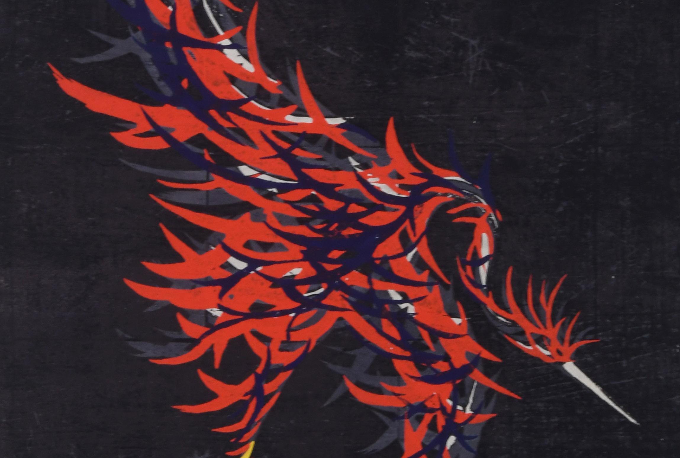 Keshin (Incarnation (Moku)
Color woodcut, 1958
Signed and dated lower left in pencil (see photo)
An impression is in the collectionof the Asian Art Museum, No. 2012.93, which is not a richly inked s this impression.
Another impression is in the