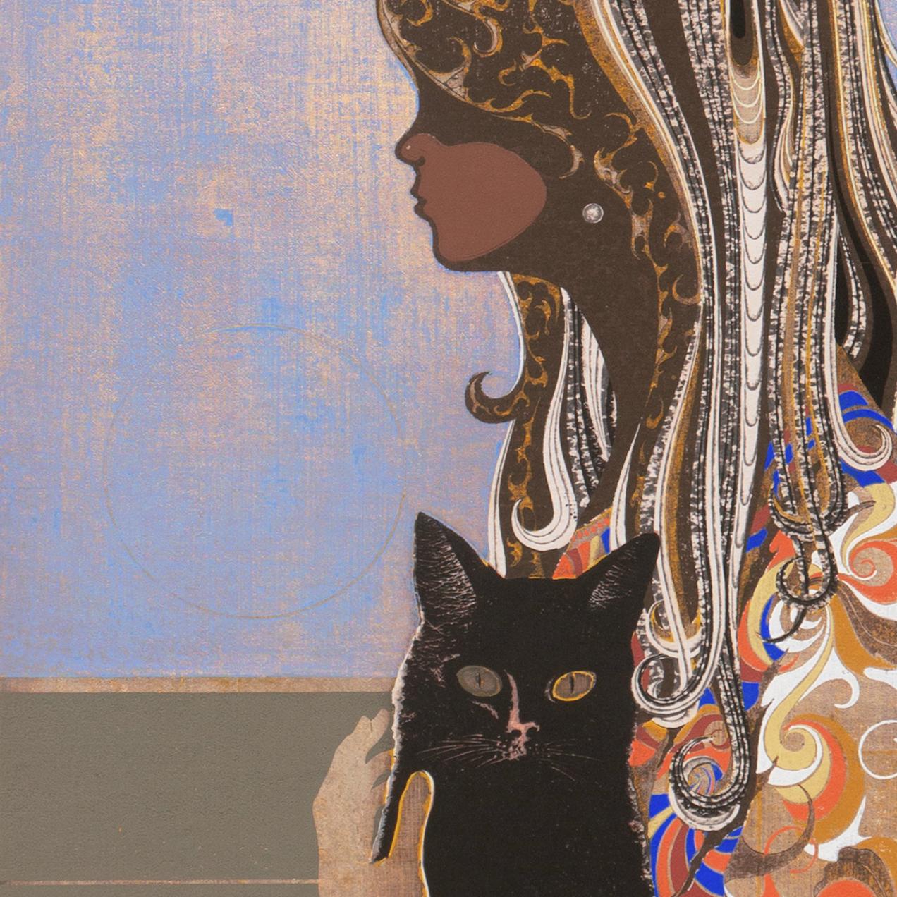 'Young Girl, Black Cat', LACMA, Psychedelic Japanese Wood-Block, Tokyo Biennale For Sale 4