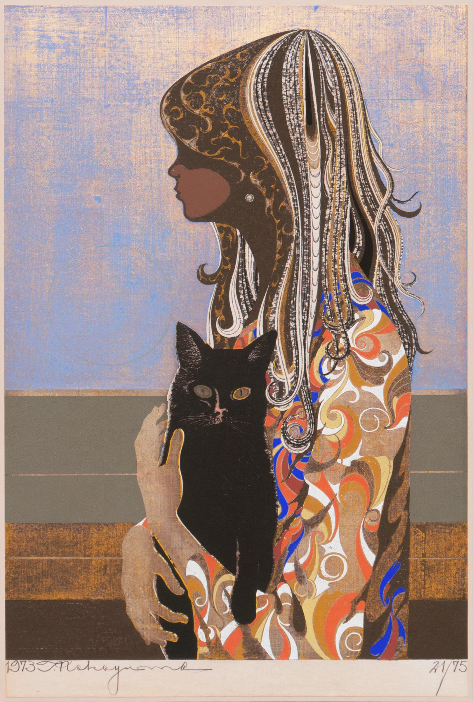 'Young Girl, Black Cat', LACMA, Psychedelic Japanese Wood-Block, Tokyo Biennale For Sale 6