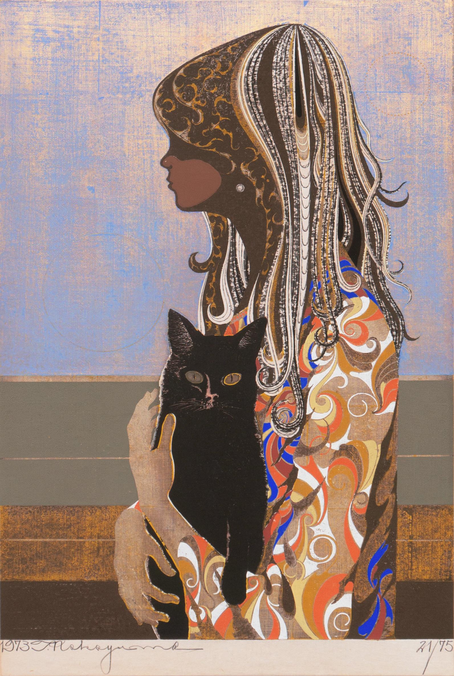 « Jeune fille, chat noir », LACMA, bloc de bois japonais psychédélique, Biennale de Tokyo - Print de Tadashi Nakayama