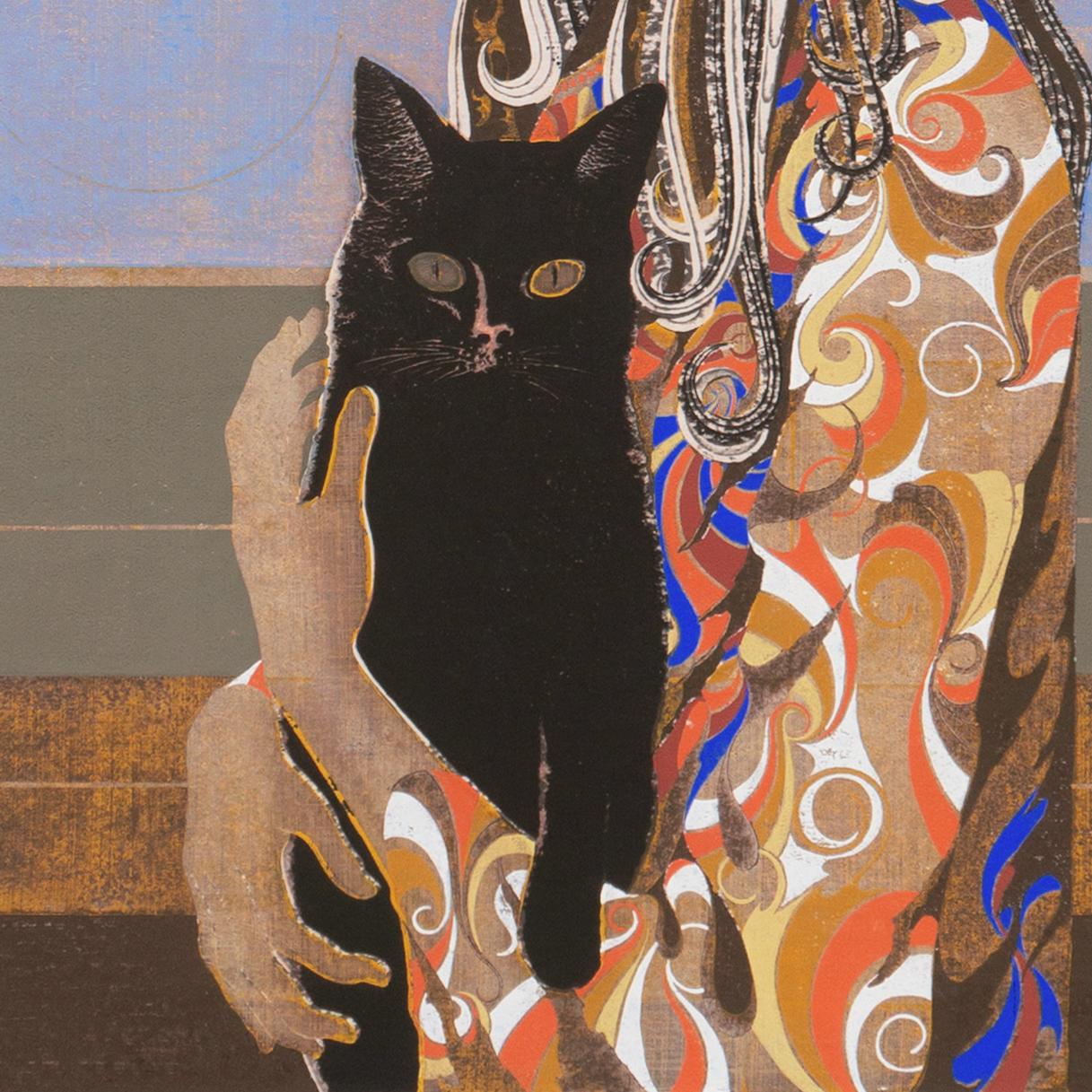 'Young Girl, Black Cat', LACMA, Psychedelic Japanese Wood-Block, Tokyo Biennale - Modern Print by Tadashi Nakayama