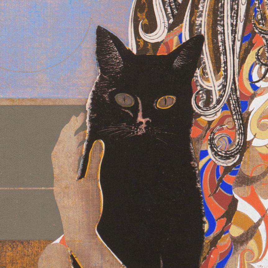 « Jeune fille, chat noir », LACMA, bloc de bois japonais psychédélique, Biennale de Tokyo en vente 2