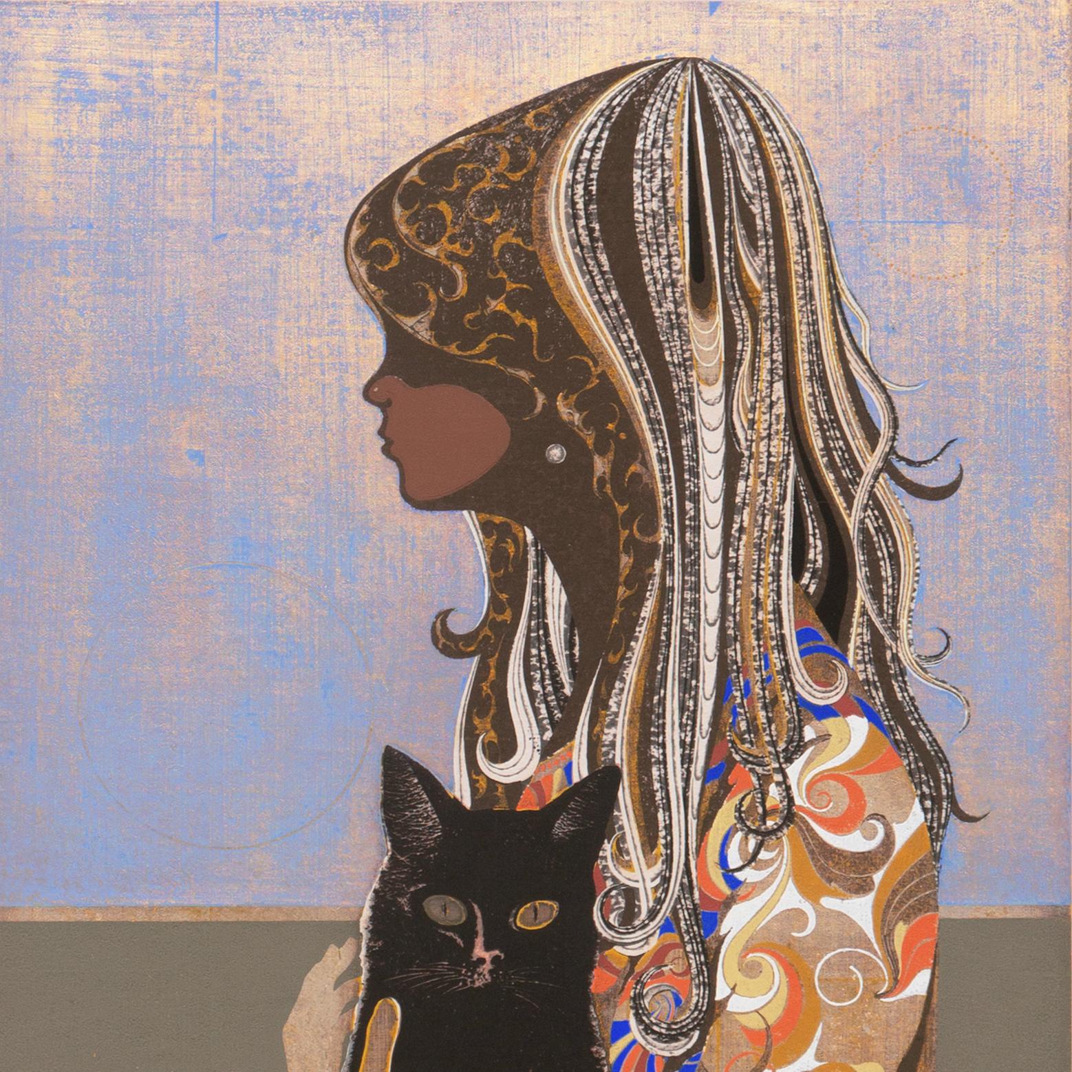 « Jeune fille, chat noir », LACMA, bloc de bois japonais psychédélique, Biennale de Tokyo en vente 4