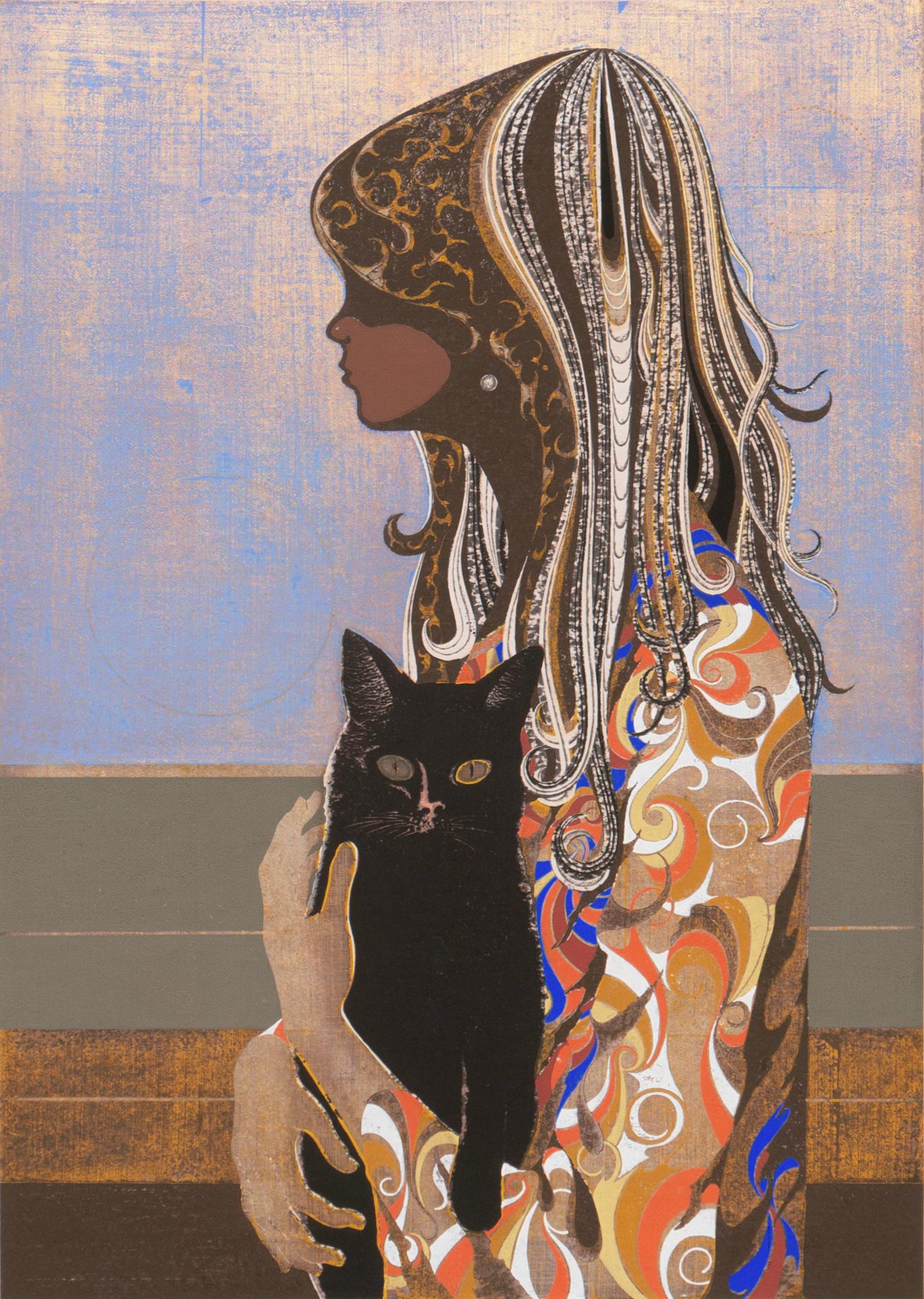 Tadashi Nakayama Animal Print - 'Young Girl, Black Cat', LACMA, Psychedelic Japanese Wood-Block, Tokyo Biennale