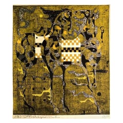 Tadashi Nakayama - Édition limitée de la gravure sur bois japonaise représentant deux chevaux, 1963