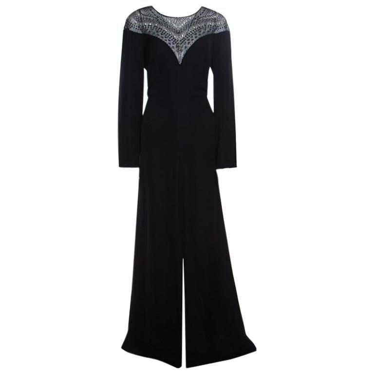 Tadashi Shoji Black Embellished Long Sleeve Slit Detail Katana Gown L