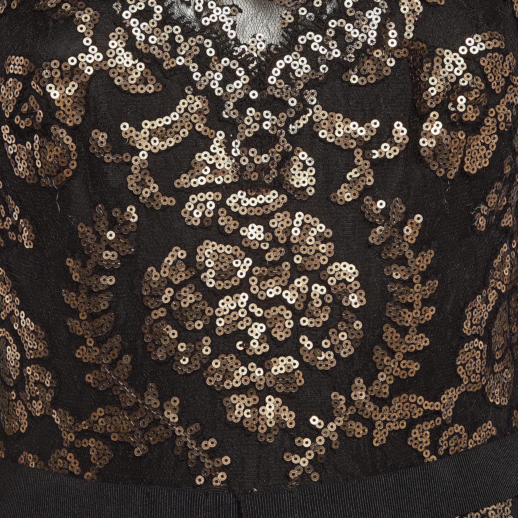 Tadashi Shoji Black/Gold Sequin Full Sleeves Maxi Dress M In Good Condition In Dubai, Al Qouz 2