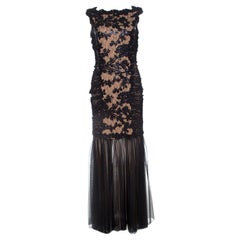Tadashi Shoji Black Lace and Tulle Floral Sequin Embellished Gown M
