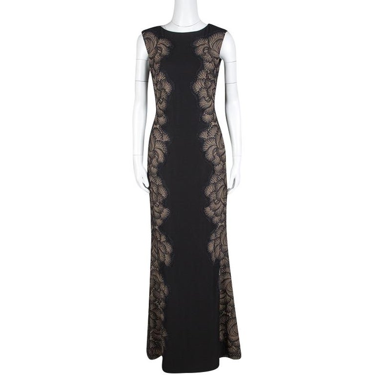 Tadashi Shoji Black Lace Applique Side Panel Detail Sleeveless Gown S