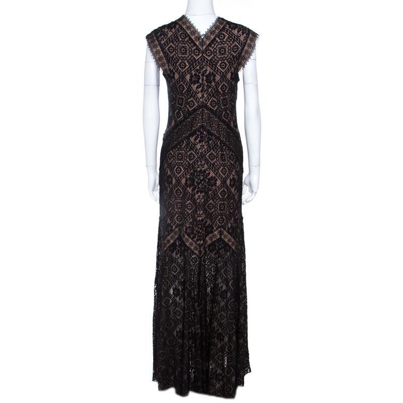 Tadashi Shoji Black Lace Overlay V Neck Evening Gown M In Excellent Condition In Dubai, Al Qouz 2