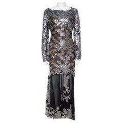 Used Tadashi Shoji Black Sequin Embellished Lace Evening Gown XL