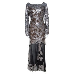Used Tadashi Shoji Black Sequin Embellished Lace Evening Gown XL