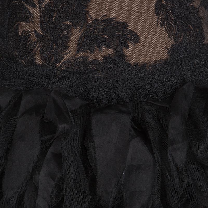 Women's Tadashi Shoji Black Tulle Embroidered Faux Feather Strapless Dress L