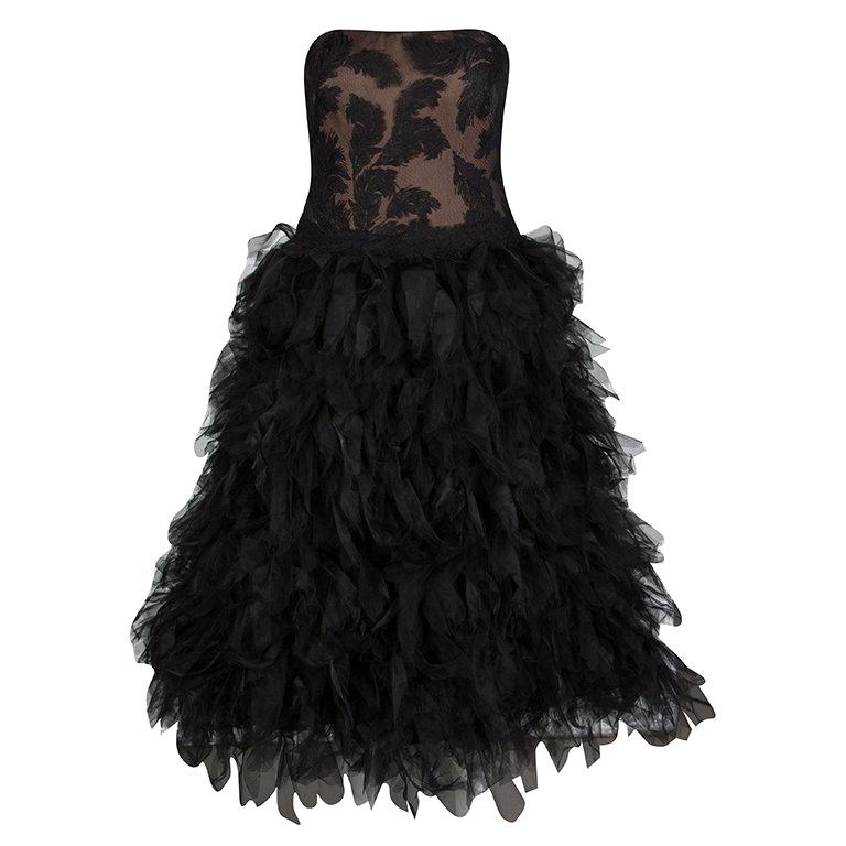 Tadashi Shoji Black Tulle Embroidered Faux Feather Strapless Dress M