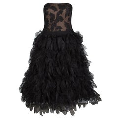 Tadashi Shoji Black Tulle Embroidered Faux Feather Strapless Dress M