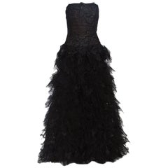 Tadashi Shoji Black Tulle Embroidered Faux Feather Strapless Gown M For ...