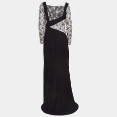 Tadashi Shoji Black/White Floral Embroidered Tulle and Crepe Maxi Dress L