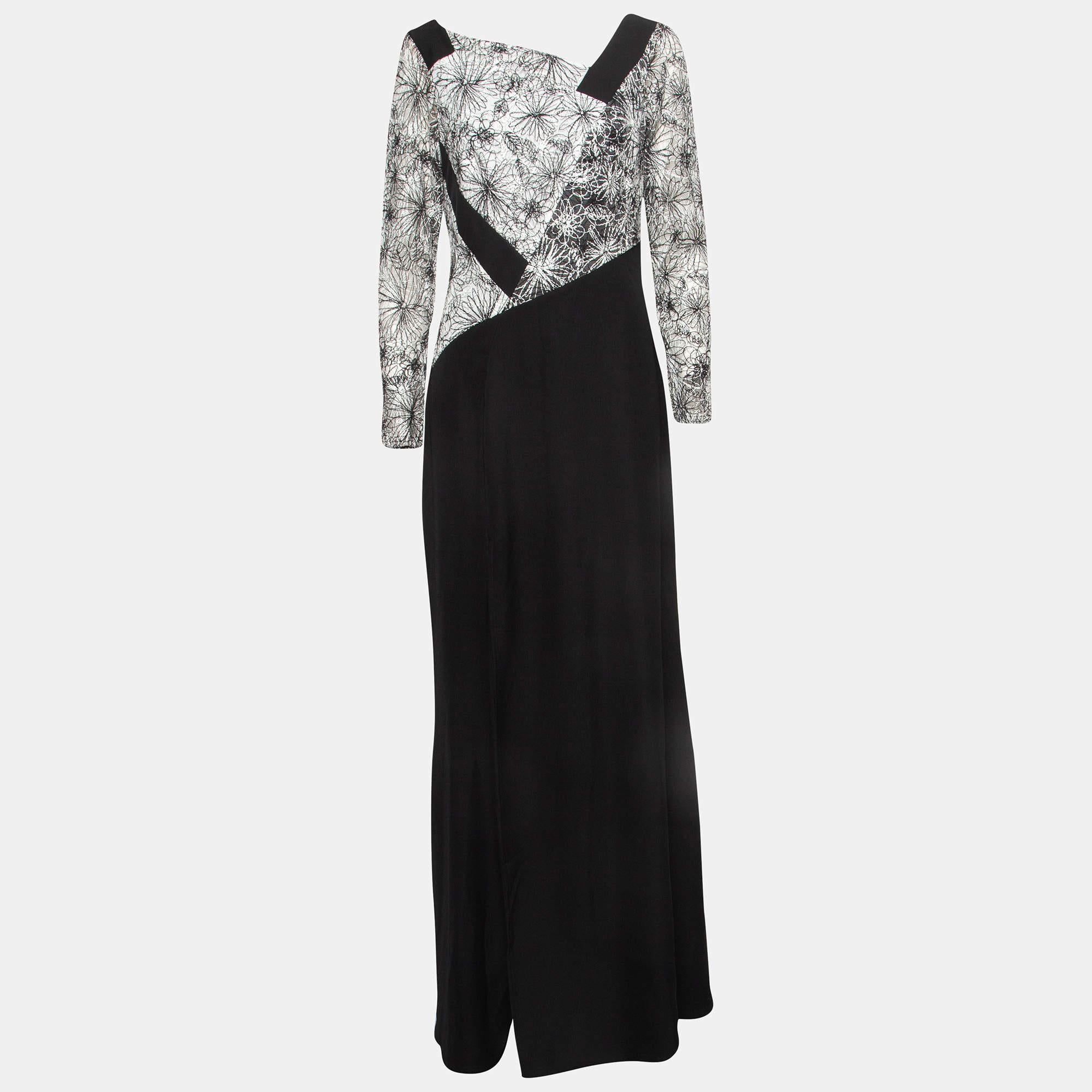 Tadashi Shoji Black/White Floral Lace Bodice Marissa Gown M In Excellent Condition For Sale In Dubai, Al Qouz 2