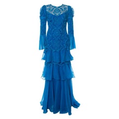 Tadashi Shoji Blue Chiffon & Lace Tiered Moreau Gown L