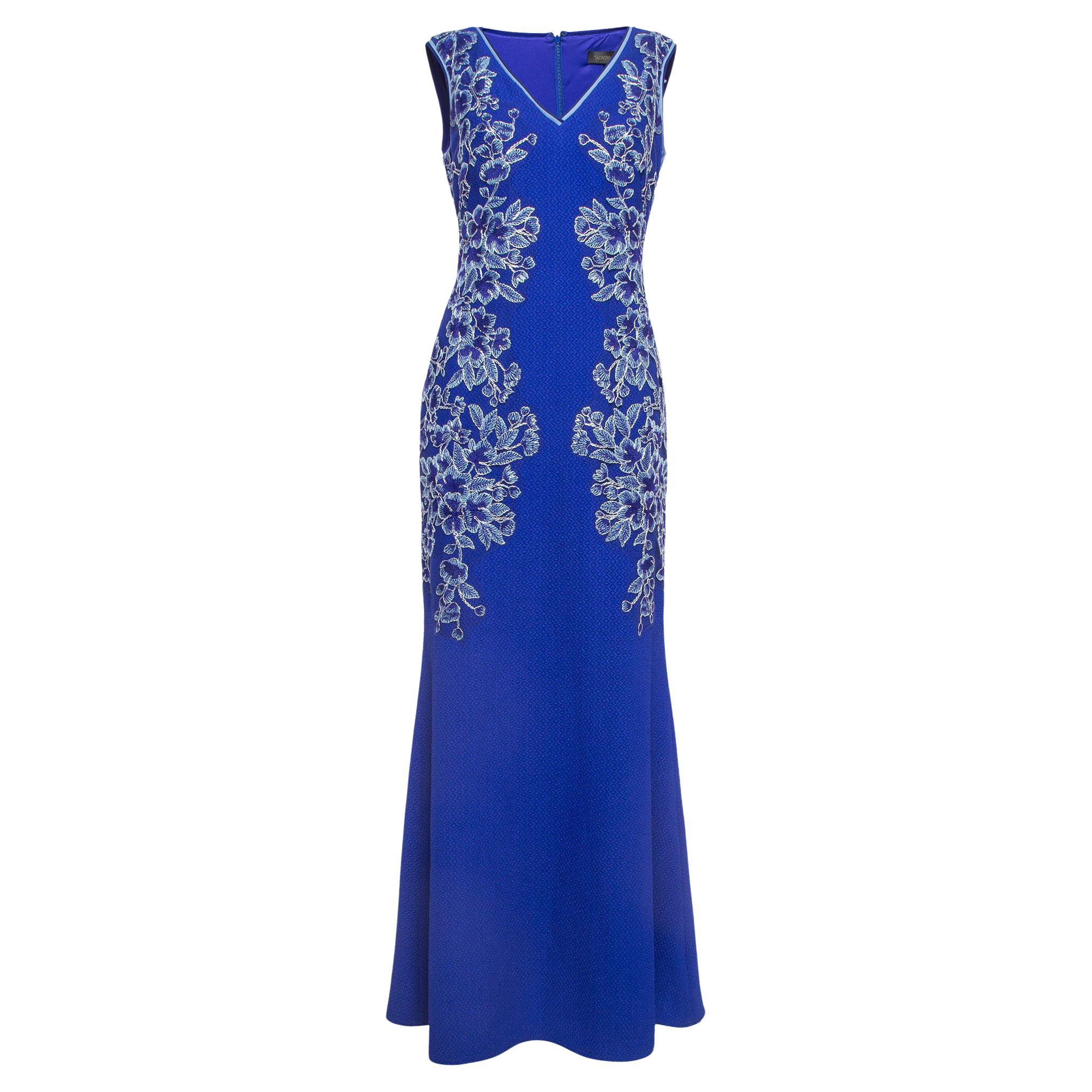 Tadashi Shoji Blue Floral Embroidered Knit Sleeveless Gown S For Sale
