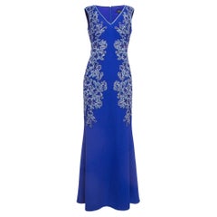 Used Tadashi Shoji Blue Floral Embroidered Knit Sleeveless Gown S