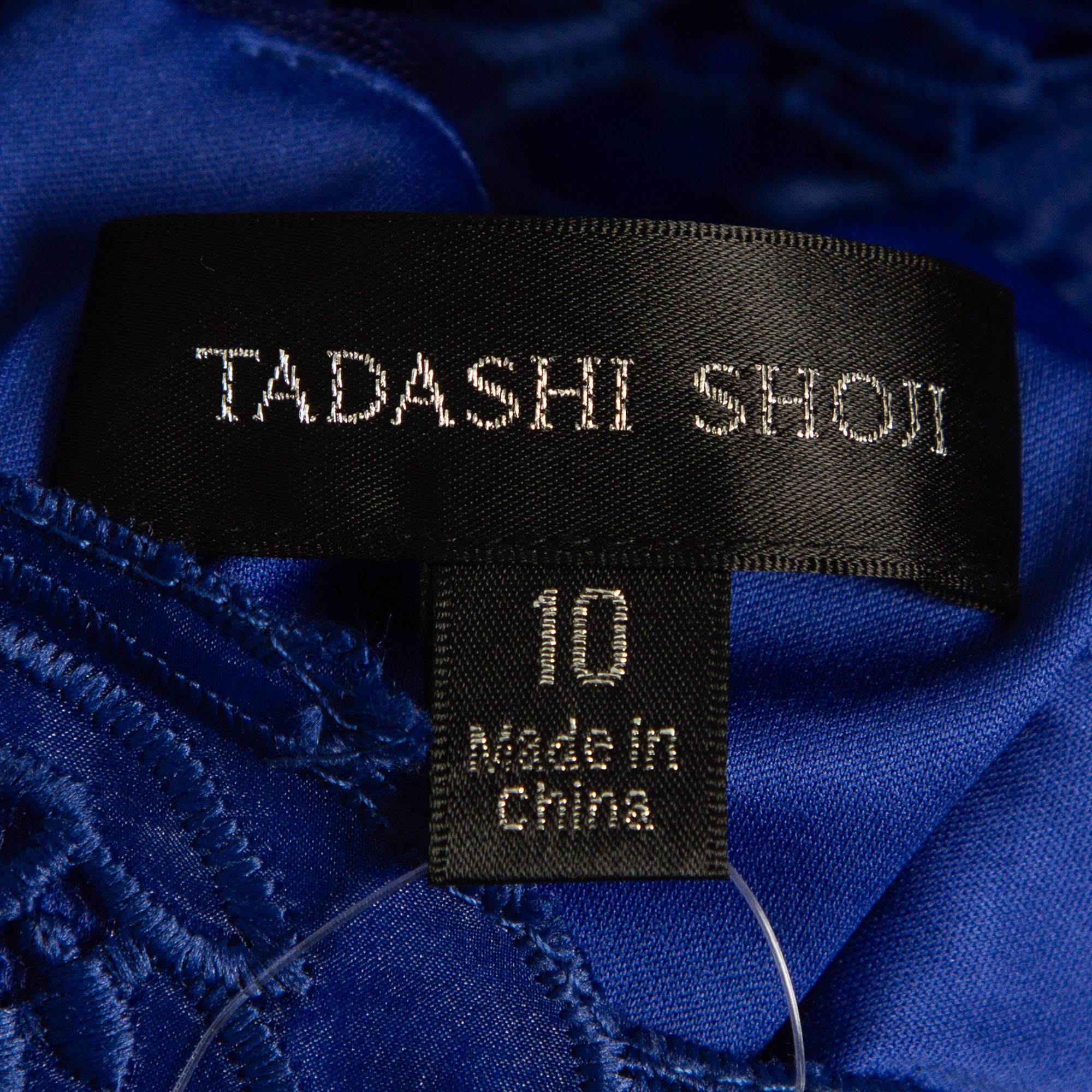 Tadashi Shoji Blue Floral Motif Lace Organza Cap Sleeve Gown L For Sale 1
