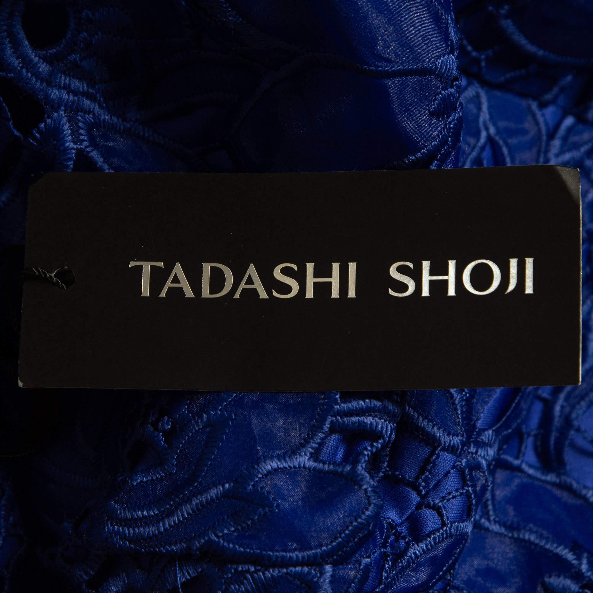 Tadashi Shoji Blue Floral Motif Lace Organza Cap Sleeve Gown L For Sale 2