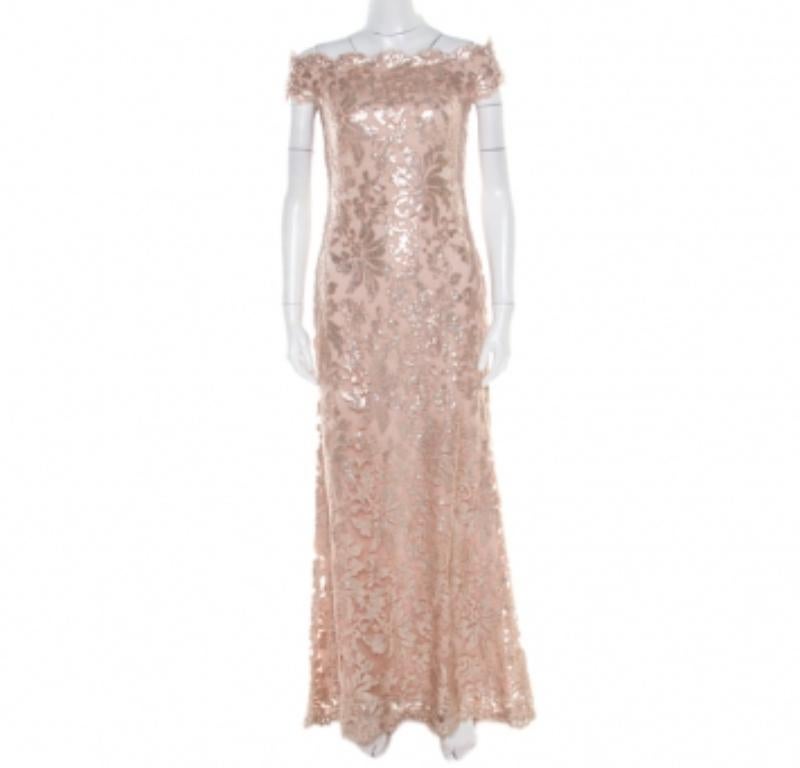 Tadashi Shoji Vestido de noche sin hombros con lentejuelas rosa rubor S Beige en venta