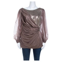 Tadashi Shoji Top de punto elástico con incrustaciones de lentejuelas y mangas drapeadas M