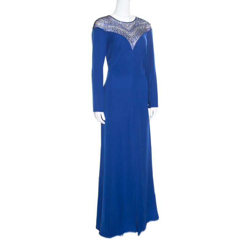 Tadashi Shoji Cobalt Blue Embellished Long Sleeve Slit Detail Katana Gown M In Good Condition In Dubai, Al Qouz 2
