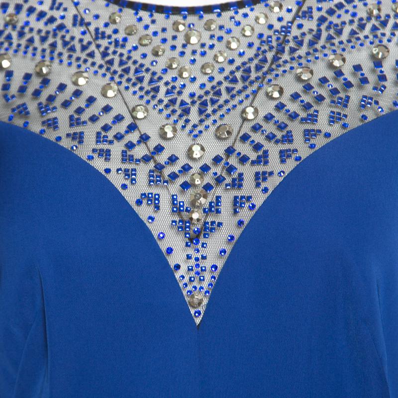Women's Tadashi Shoji Cobalt Blue Embellished Long Sleeve Slit Detail Katana Gown M