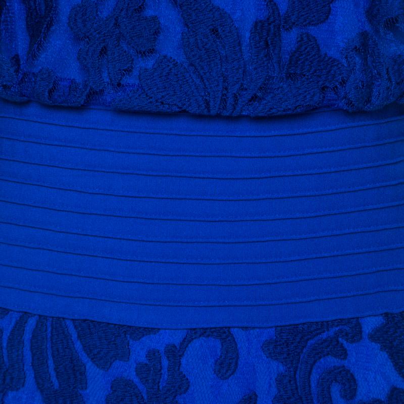 Tadashi Shoji Cobalt Blue Embroidered Lace Blouson Waist Sheer Paneled  Gown M In Good Condition In Dubai, Al Qouz 2