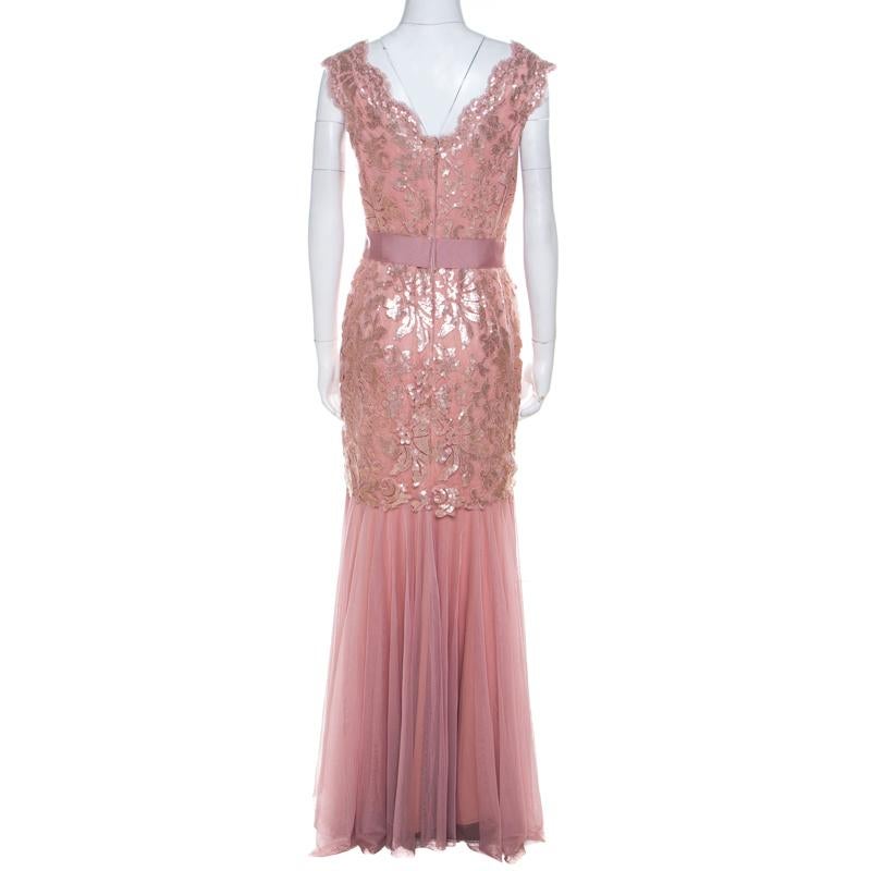 Brown Tadashi Shoji Dusty Rose Sequin Embellished Scalloped Lace Detail Tulle Gown M