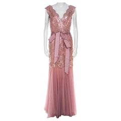 Tadashi Shoji Dusty Rose Sequin Embellished Scalloped Lace Detail Tulle Gown M