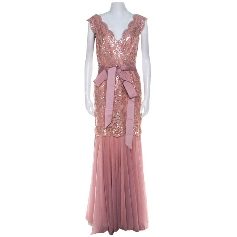 Tadashi Shoji Dusty Rose Sequin Embellished Scalloped Lace Detail Tulle Gown M