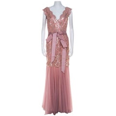 Tadashi Shoji Dusty Rose Sequin Embellished Scalloped Lace Detail Tulle Gown M