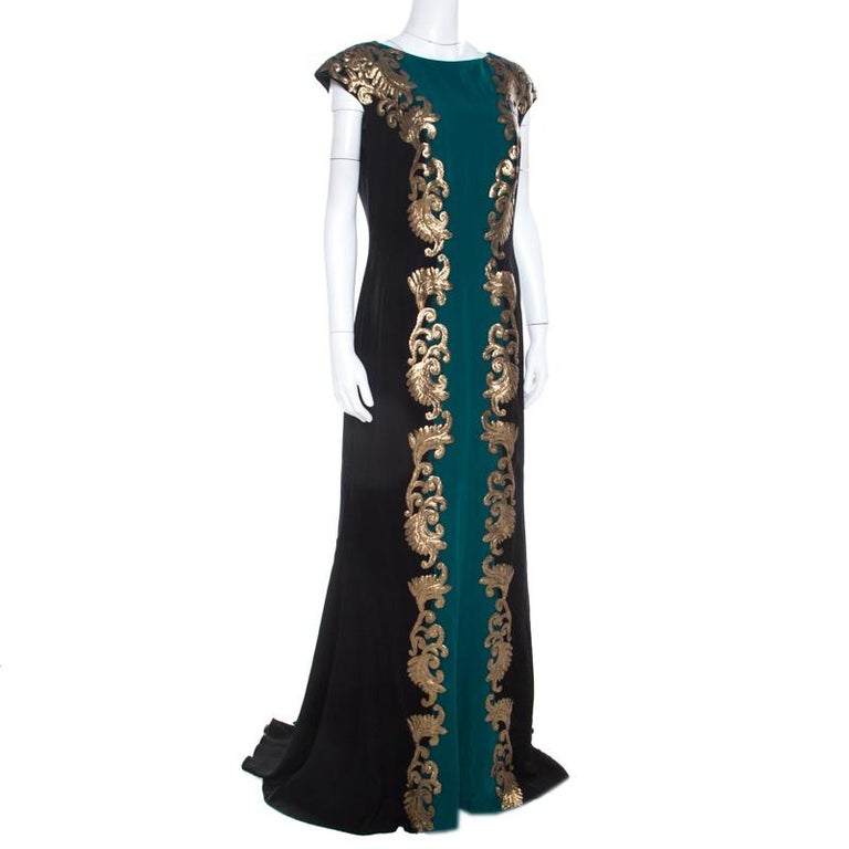 Tadashi Shoji Emerald Green and Black Sequin Paillette Applique Evening Gown  L For Sale at 1stDibs
