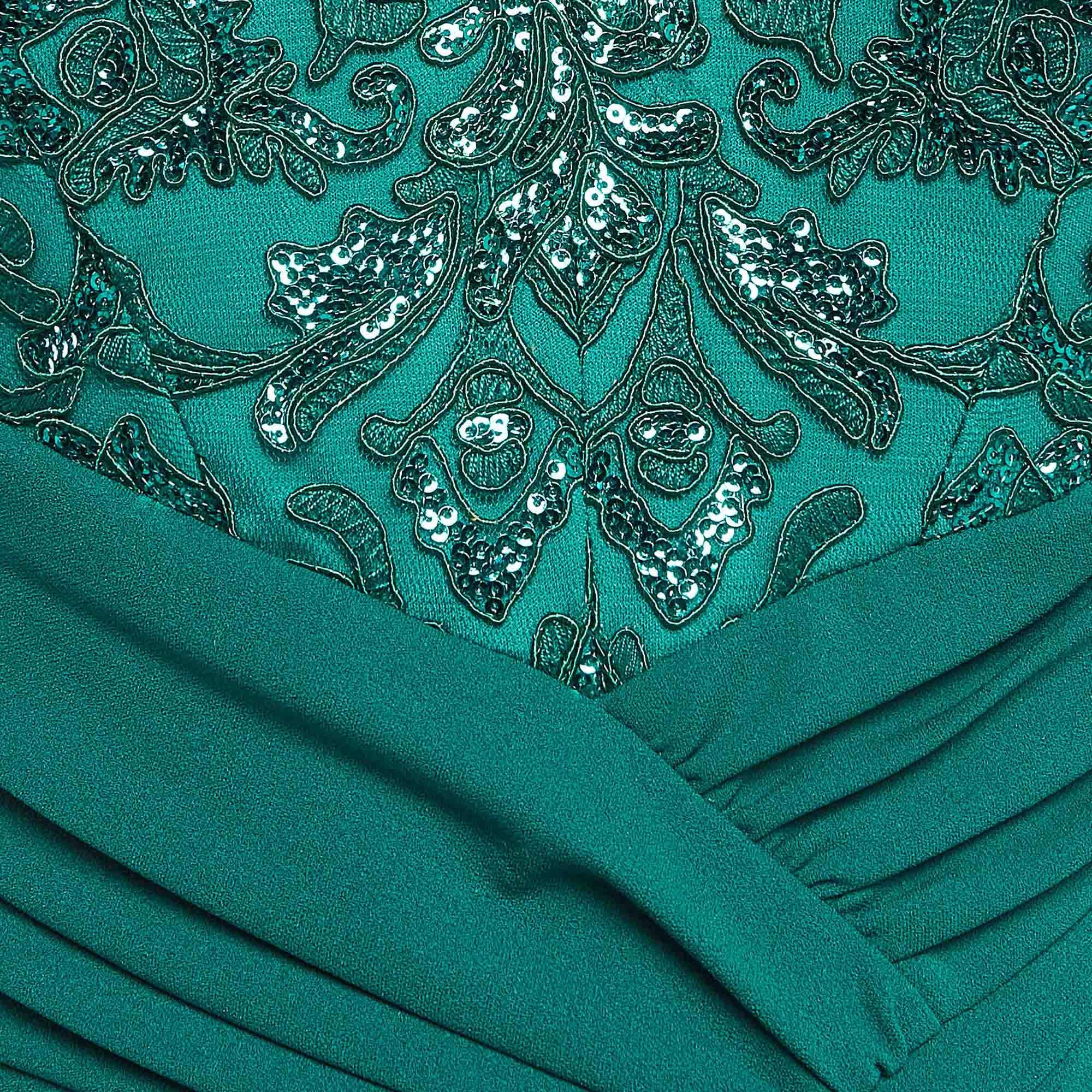 Tadashi Shoji Emerald Green Percy Sequin Crepe Drape Gown S In New Condition In Dubai, Al Qouz 2