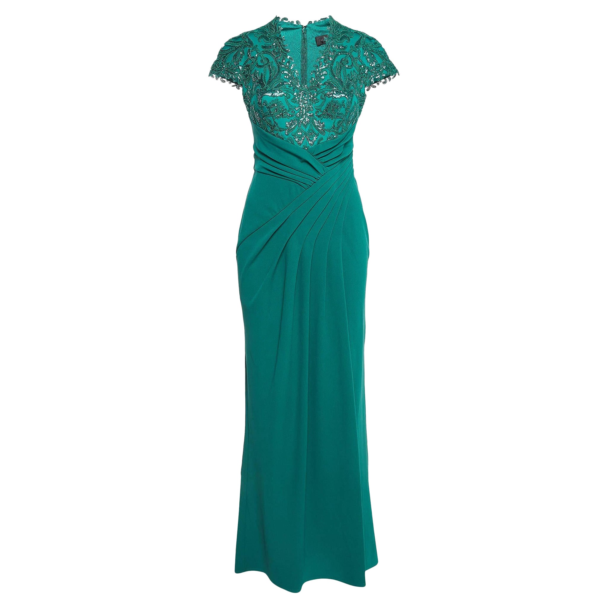 Tadashi Shoji Emerald Green Percy Sequin Crepe Drape Gown S