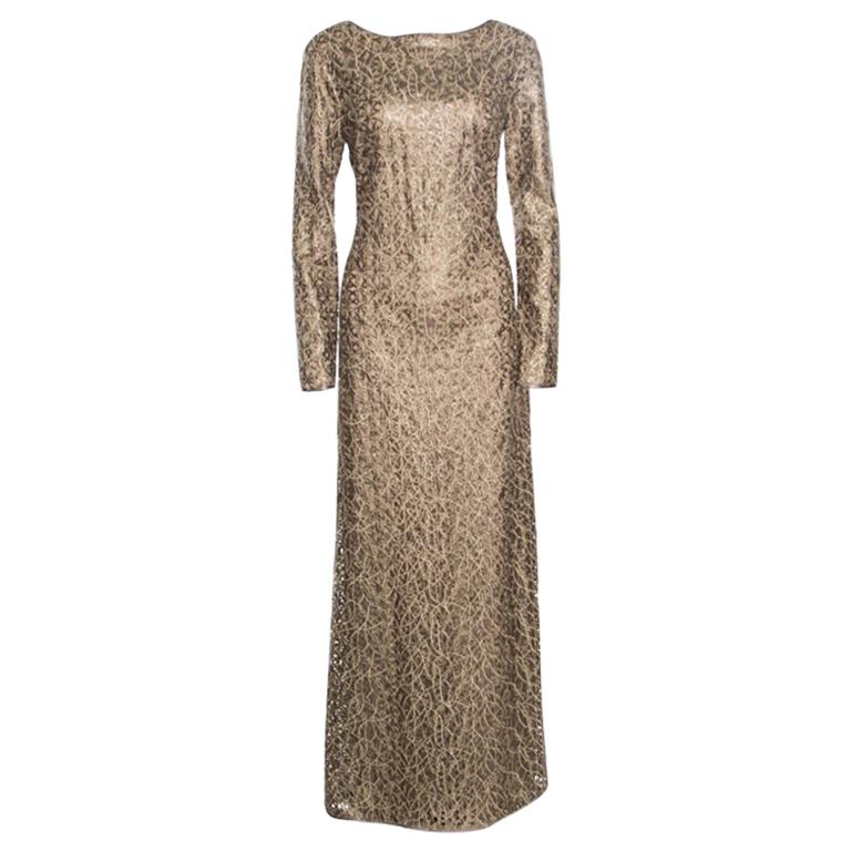 Tadashi Shoji Gold Laser Cut Embroidered Leatherette Long Sleeve Boat Neck Gown 