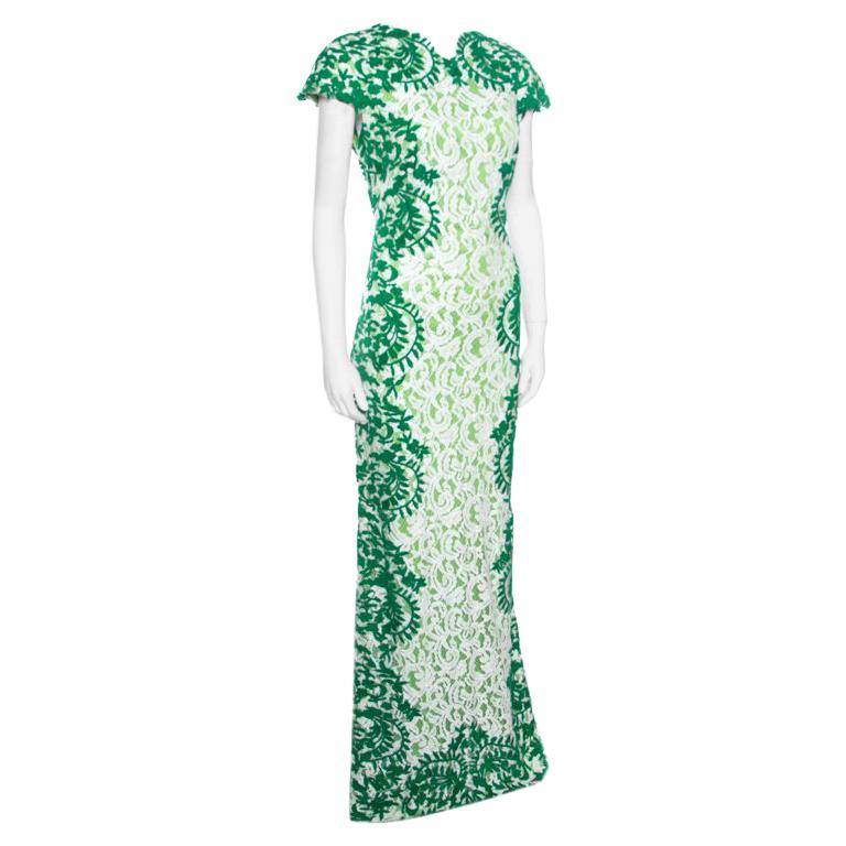 Tadashi Shoji Green and White Lace Cap Sleeve Mermaid Gown L