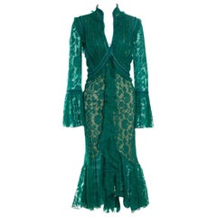 Tadashi Shoji Green Lace Overlay Detail Ruffle Front Asymmetric Marcellus Dress